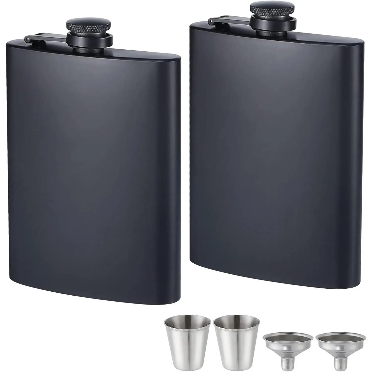 2 Pack 8 Oz Matte Black Leak-Proof Thin Stainless Steel Hip Flasks for Liquor, with 2 Funnels & Cups, Ideal for Wedding Party, Groomsman, Bridesmaid Gift