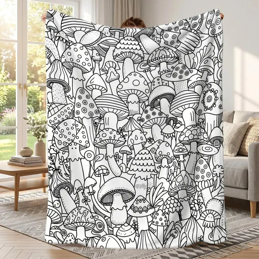 Mushroom Graffiti Coloring Art Flannel Throw Blanket, 2D Flat Soft Plush Cover, Cozy Warm All‑Season Bedding for Adults & Kids, Perfect Decor for Bed Sofa