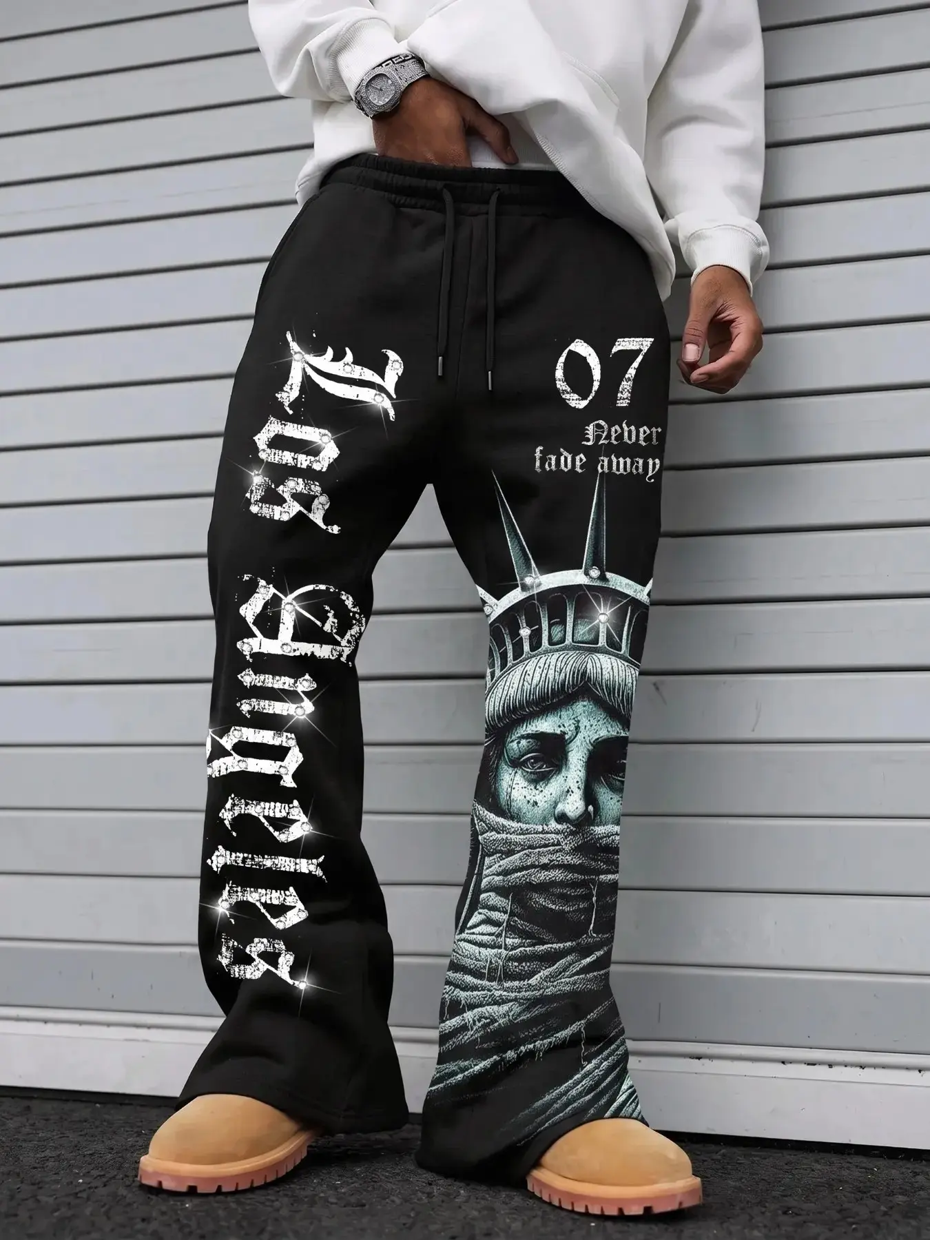 Men's Flare Wide Leg Oversized Sweatpants | Rhinestone Gothic Letter & Bandaged Statue of Liberty Print | Elastic Drawstring Vintage Grunge Streetwear Pants for Men