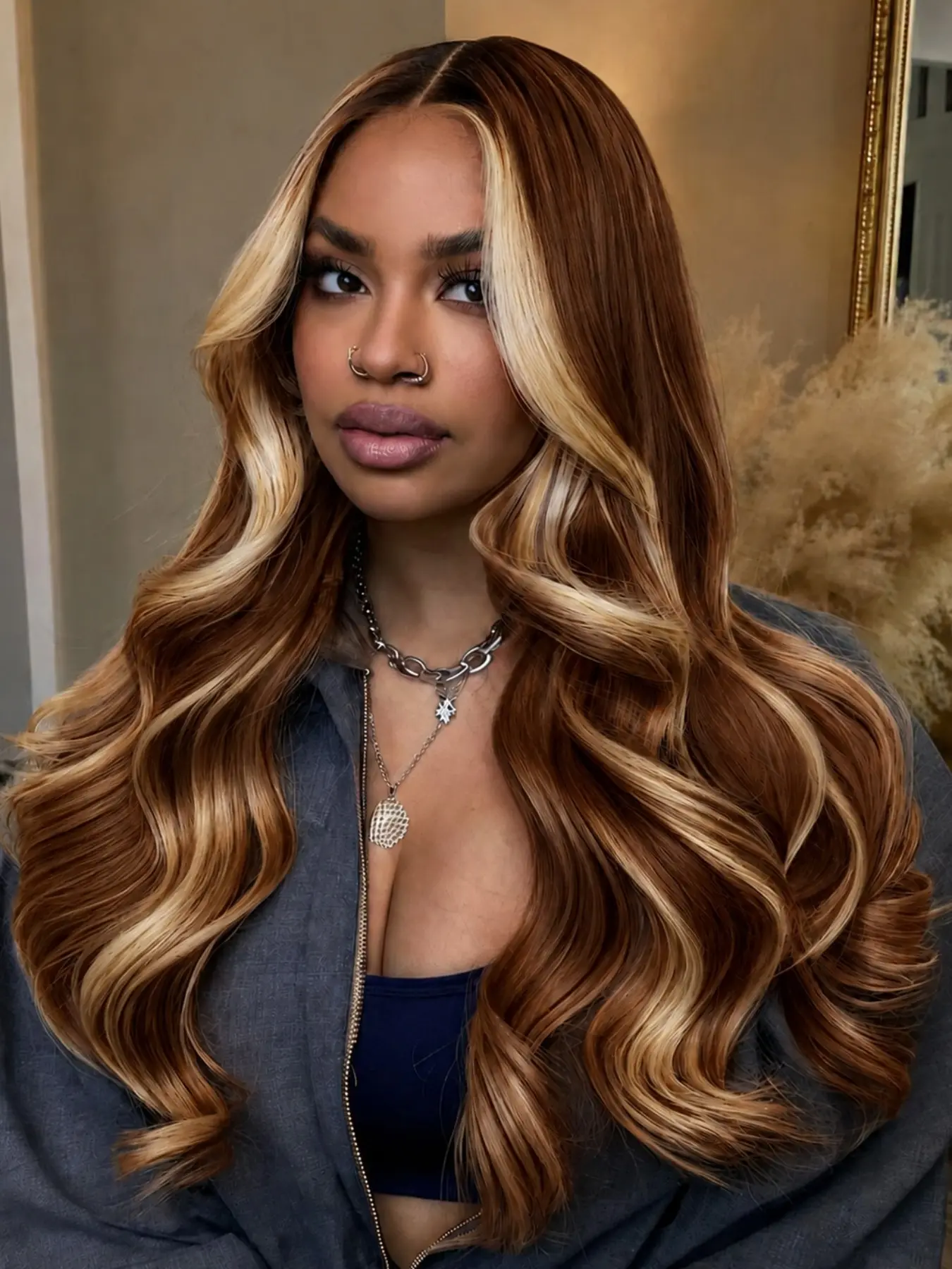 26 Inch Brown with Honey Blonde Highlights Body Wave Lace Front Wig |Heat Resistant Synthetic Fiber, Soft & Lightweight Natural Parting