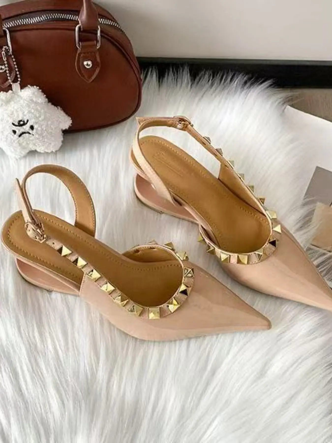 Women Pointed Toe Slingback Heels Trendy Pyramid Metal Studs Adjustable Ankle Strap Unique Sculptural Curve Heel Pumps Office Date Dinner Urban Daily Outfits 2 Colors Nude Black