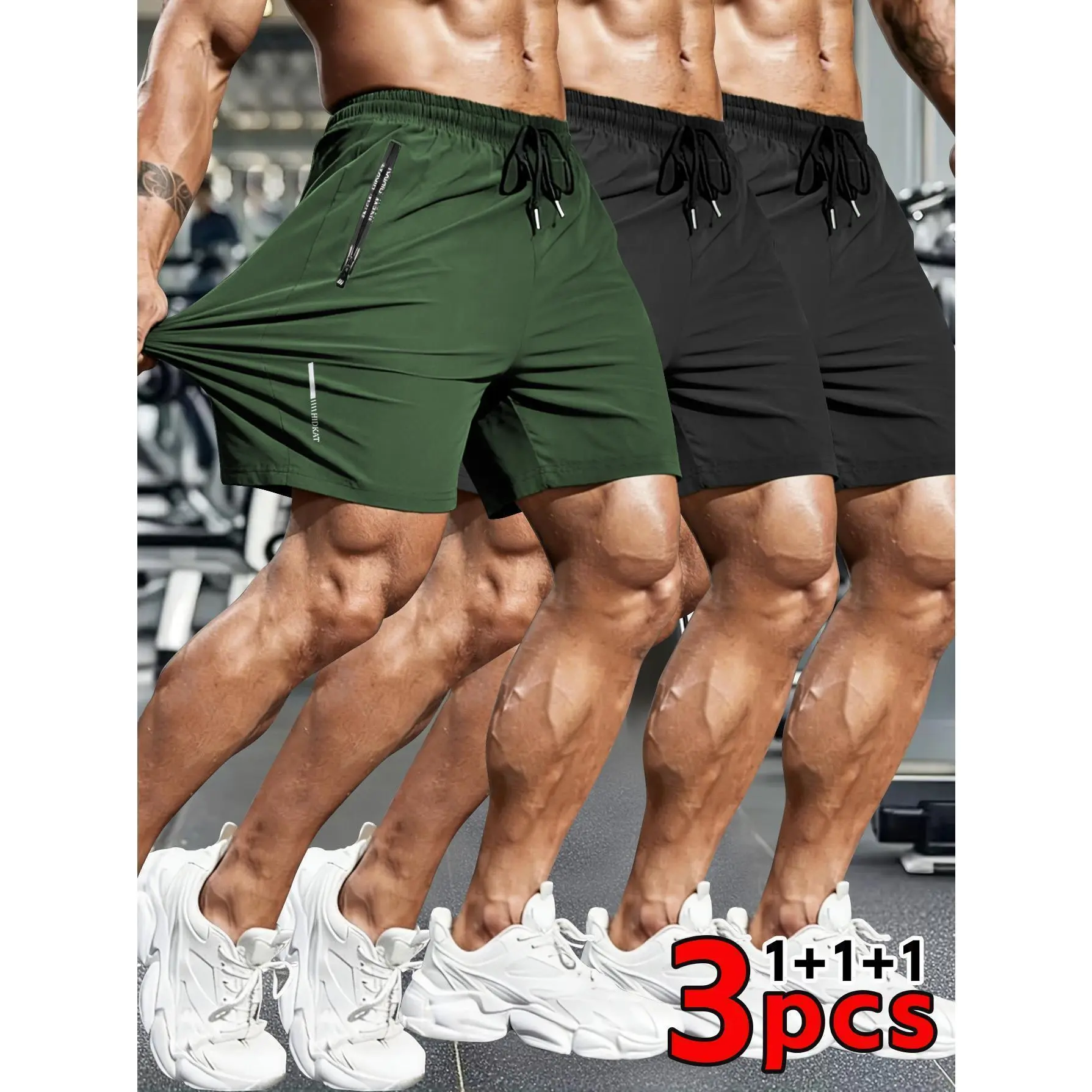 3PC Men's Gym Sports Shorts, Made of Ultra Lightweight Dry Fabric, Featuring An Elastic Sports Design with A Zippered Pocket and Elastic Drawstring At The Waist, Providing Unlimited Comfort and Suitable for Outdoor Hiking, Running, and Cycling