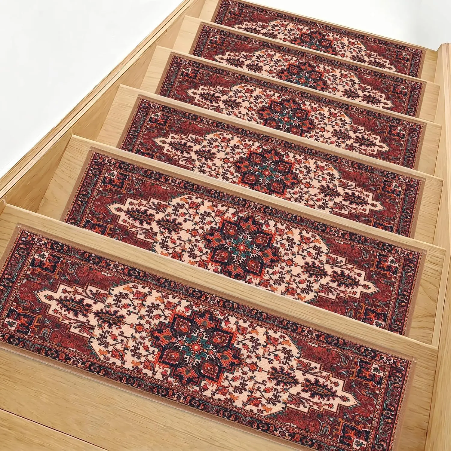 Non Slip Stair Treads for Wooden Steps 9"x30"/30"x30", Brown | Boho Printed Indoor Adhesive Edging Stair Rugs for Kids, Elders & Pets, Residue-Free Machine Washable Carpet Runner Mats