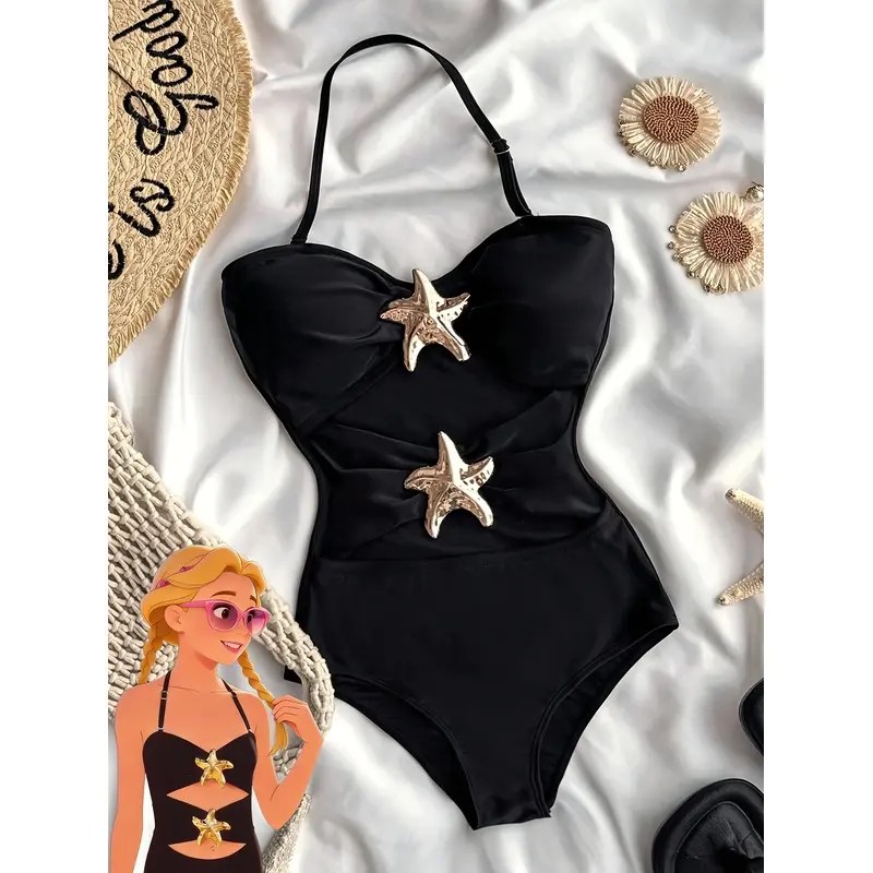 Middle and older girls' shell-patterned hollow-out one-piece swimsuit, solid black beach swimwear for girls, children's swimwear for ages 7-16, teenage girls' beach vacation swimsuit, high-elastic fabric, teenage girls' swimsuit, big girl swimsuit