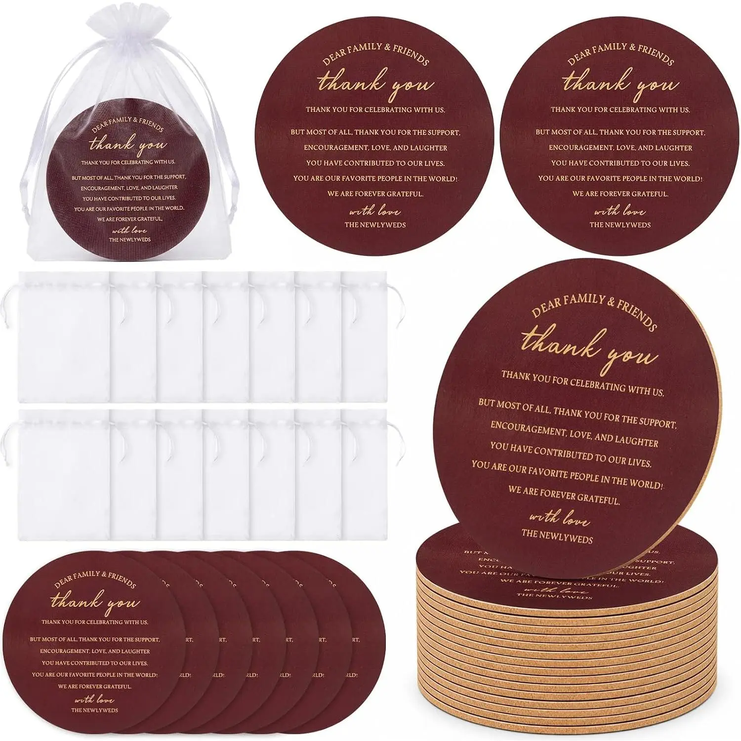 100set/200 Pcs Wedding Favors for Guests 4'' Burgundy  Cork Coasters with Organza Bags, Round Wooden Coasters Bulk Thank You for Celebrating with  Wedding Bridal Souvenir Favor