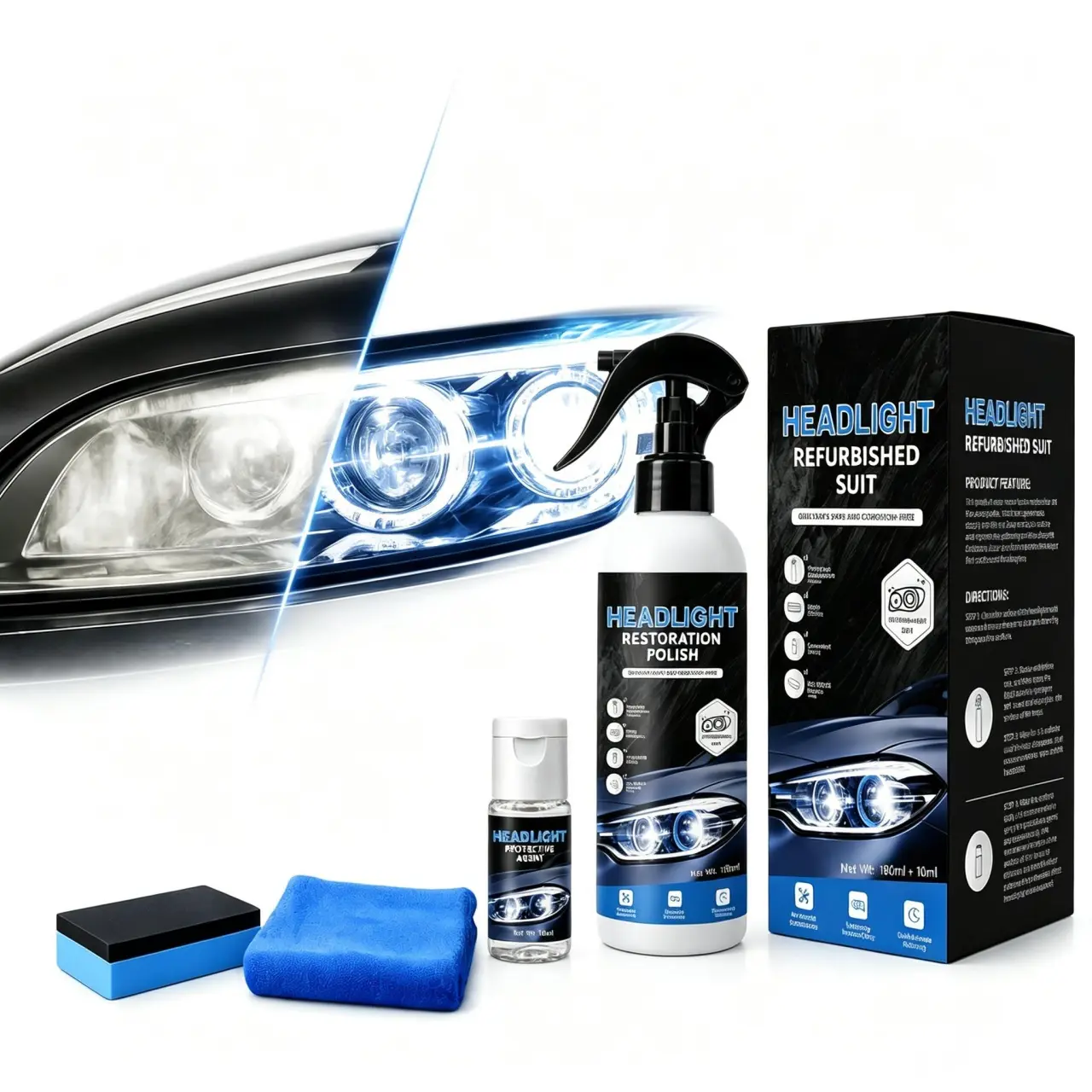 Automotive Headlamp Restoration Fluid, Oxidized and Yellowed Automotive Headlamps, Blurring Enhanced Crystalline Coating Refurbisher, No-Sand Car Headlight Cleaner Kit with Protective Agent, Father's Day Christmas Gift For Men,car accessories