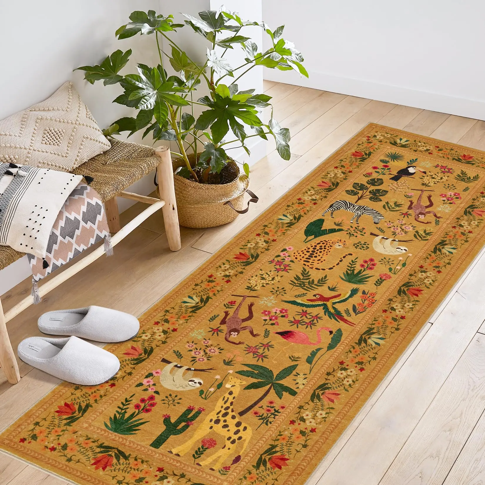 Garvee 2x6 Washable Kitchen Runner Rug with Non Slip Backing, Soft Low Pile Vintage Animal Design for Hallway, Bedroom, Kitchen, Entryway, Laundry, Nursery, and Playroom, Yellow
