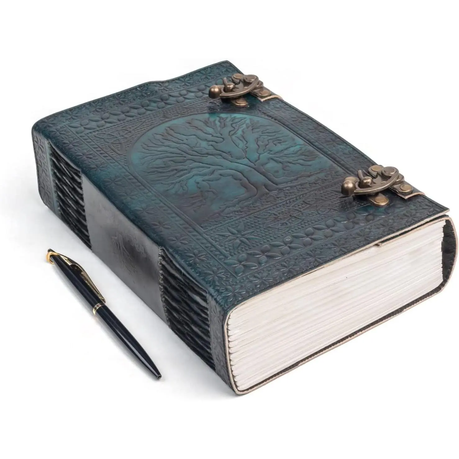 Leather Bound Journal with Lock Clasp, 600-Page Large 7x10 Green Notebook, Embossed Tree of Life Design for Writing, Sketching (Office Stationery)