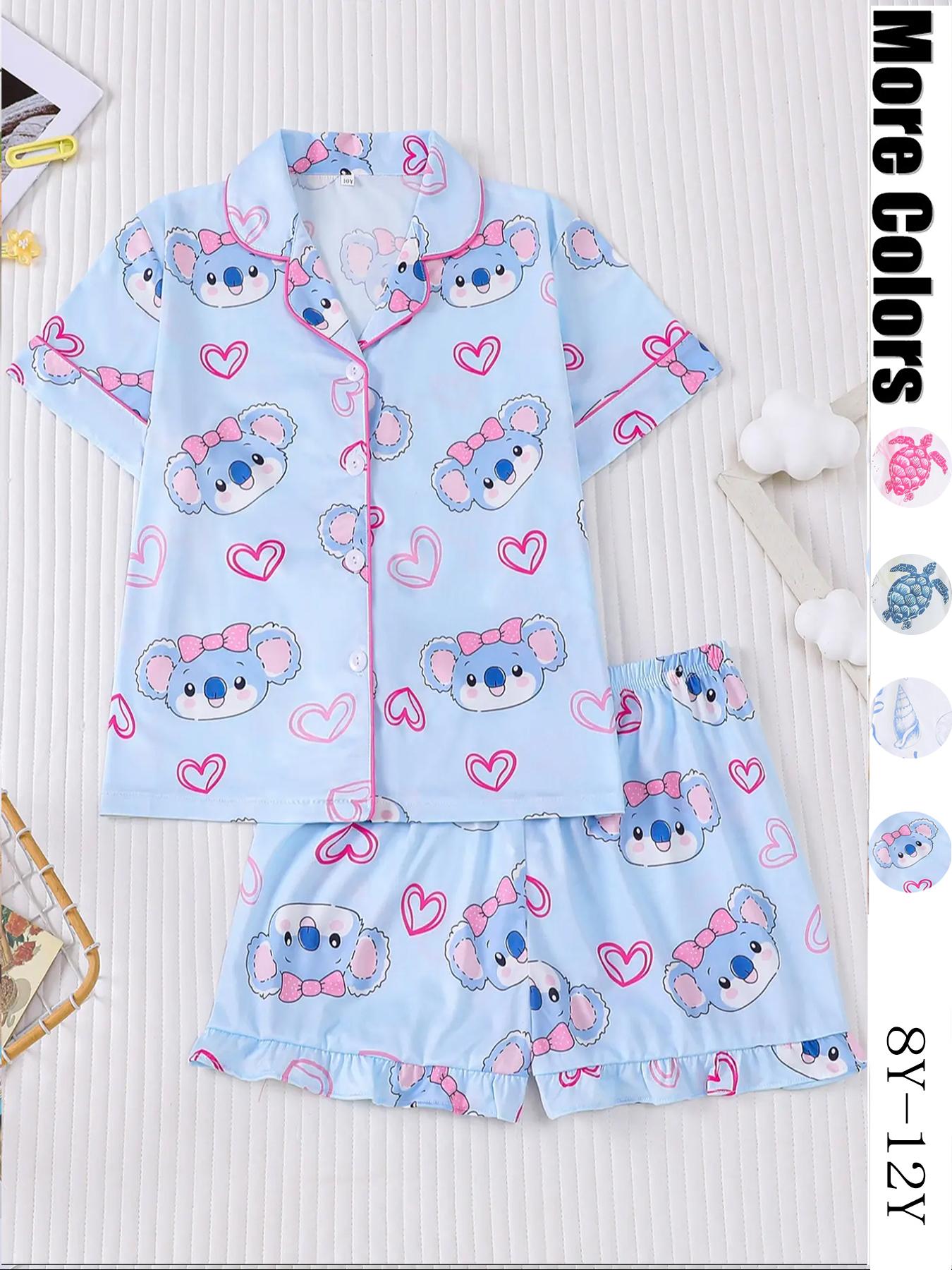 Kids Cartoon Star Turtle Print Pajama Two-piece Set, Cute Comfy Short Sleeve Lapel Neck Pj Set, Kids Sleepwear for All Seasons, Sleepwear Pajamas
