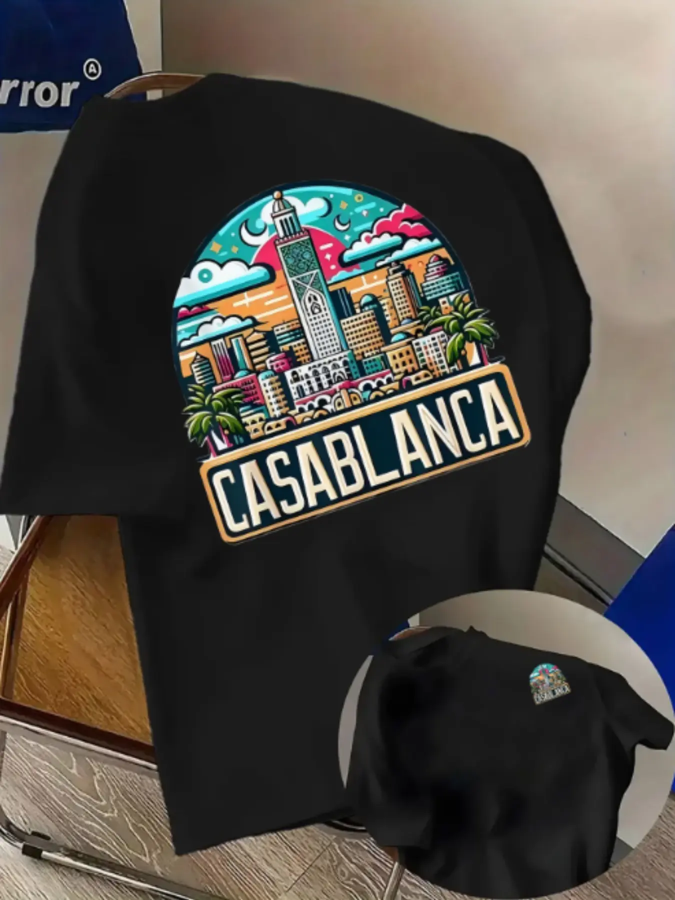 Men's Casual Streetwear Short Sleeve T-Shirt, Casablanca Print, Round Neck, Slim Fit, Knit Fabric, Summer Fashion, Comfortable for Home & Leisure, Streetwear Graphic Top, Graphic Print Tee