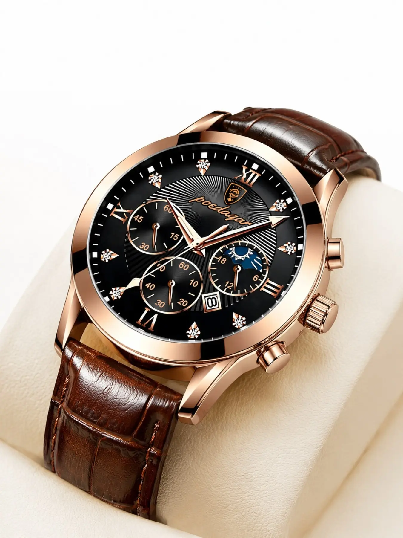 Luxury Rose Gold Men Moon Phase Analog Watch Brown Leather Strap Crystal Dial Date Chronograph Waterproof Quartz Wristwatch Elegant Gift For Him Office Party