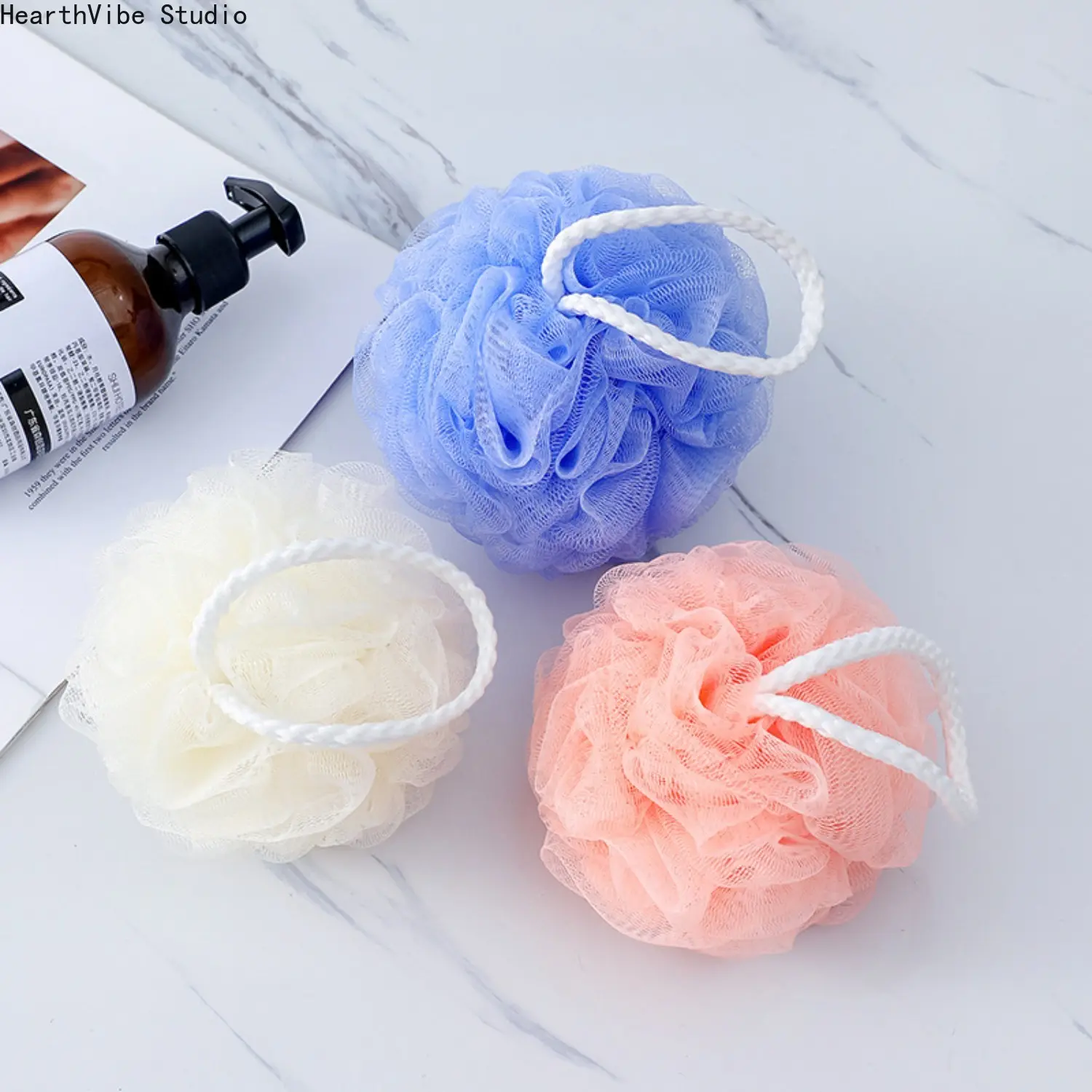 3 Pack Exfoliating Bath Loofah Sponge Soft Mesh Shower Pouf Body Scrubber Ball with Hanging Strap for Men Women Hotel Bathroom, 3Pc, Hangable, Exfoliates Skin, Mesh Sponge, Three Pieces