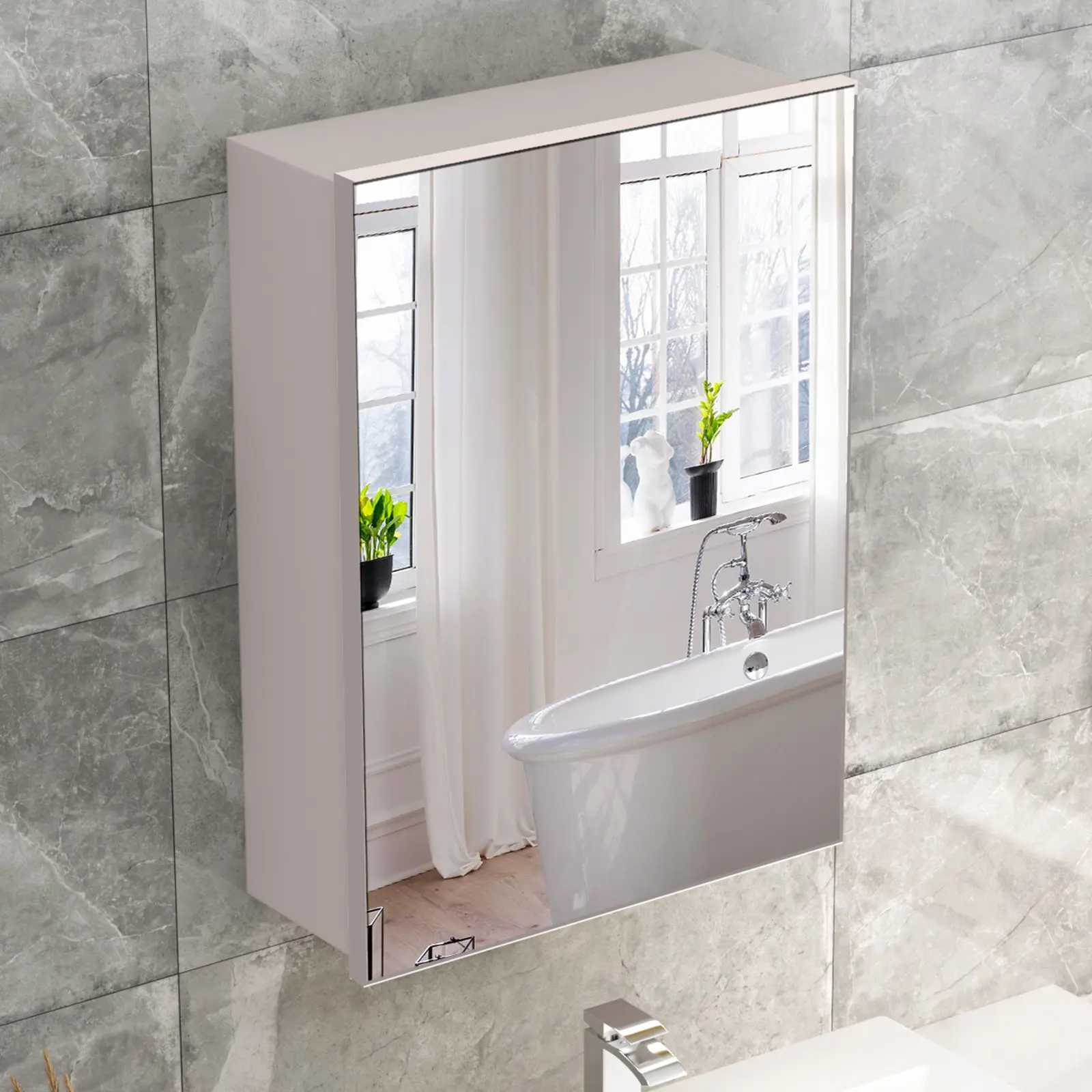 White Bathroom Mirror Cabinet, Waterproof Wall Mounted Medicine Cabinet with Storage, Modern