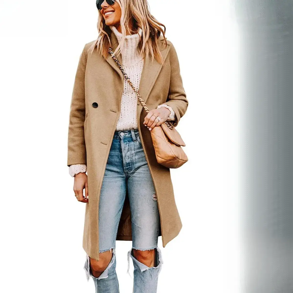 Women's Notch Lapel Double Breasted Wool-Polyester Blend Mid-Long Pea Trench Coat, Casual Everyday Sports Outerwear with Tops-Shirt Style Design