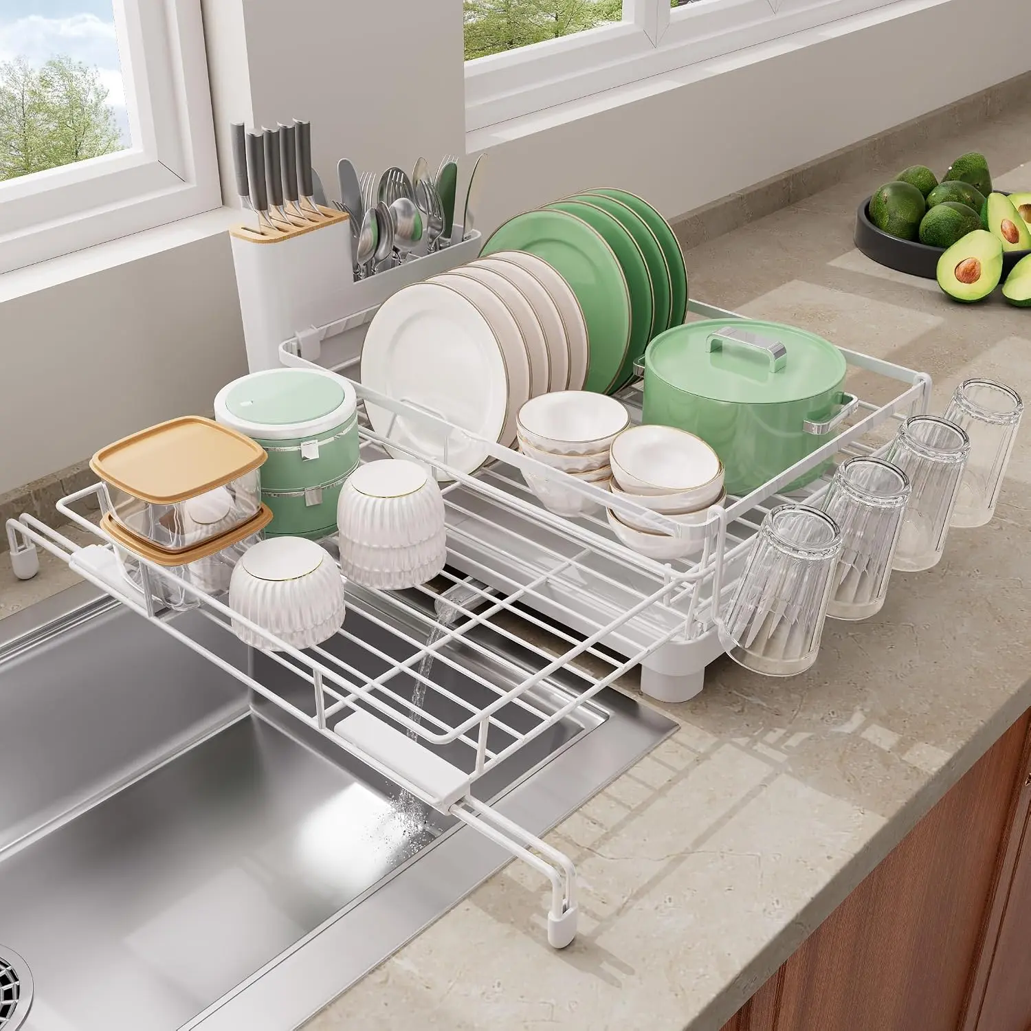 Large Dish Drying Rack, Extendable Dish Rack Over Sink | Stainless Steel Dish Strainer with Drainboard, Utensil Holder & Cup Holder for Kitchen Counter, White