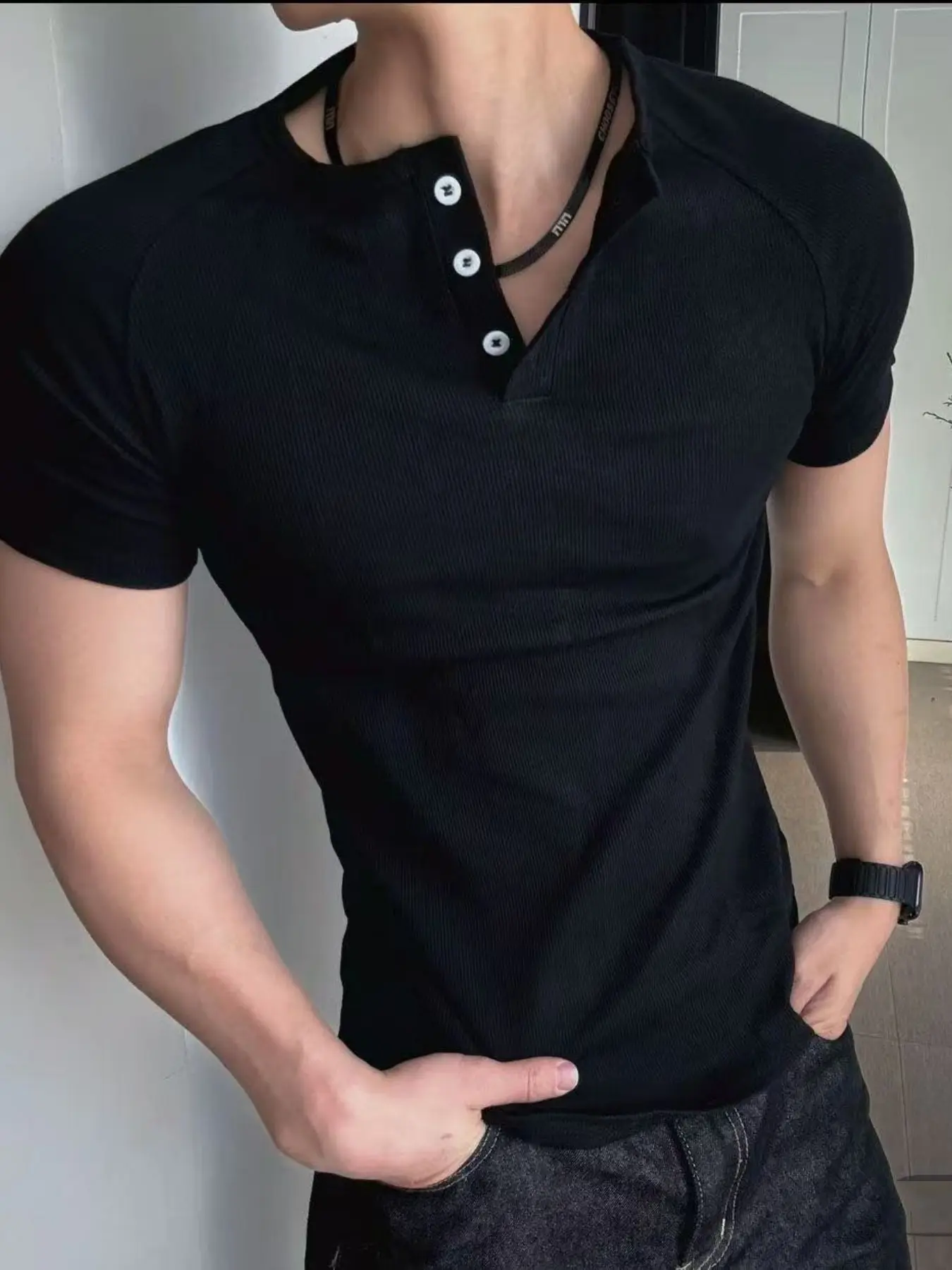 Men's Ribbed Henley T-Shirt, Slim Fit Short Sleeve Button Neck Muscle Tee, Casual Daily Wear, Streetwear, Menswear, Outdoor Sports, Fitness and Travel Vacation, Basic Tees, Tops