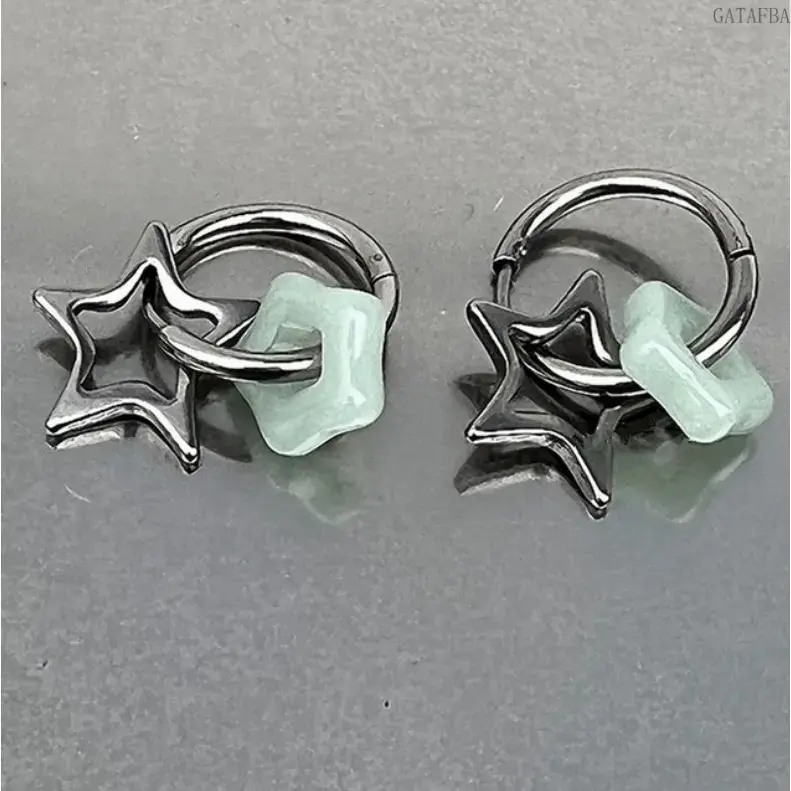 Star Charm Huggie Hoop Earrings, Black Hollow Star & Light Green Square Bead Dangle Earring Set, Y2K Minimalist Jewelry, Trendy Aesthetic Piercing Accessories for Women Teen Girls Daily Party Wear