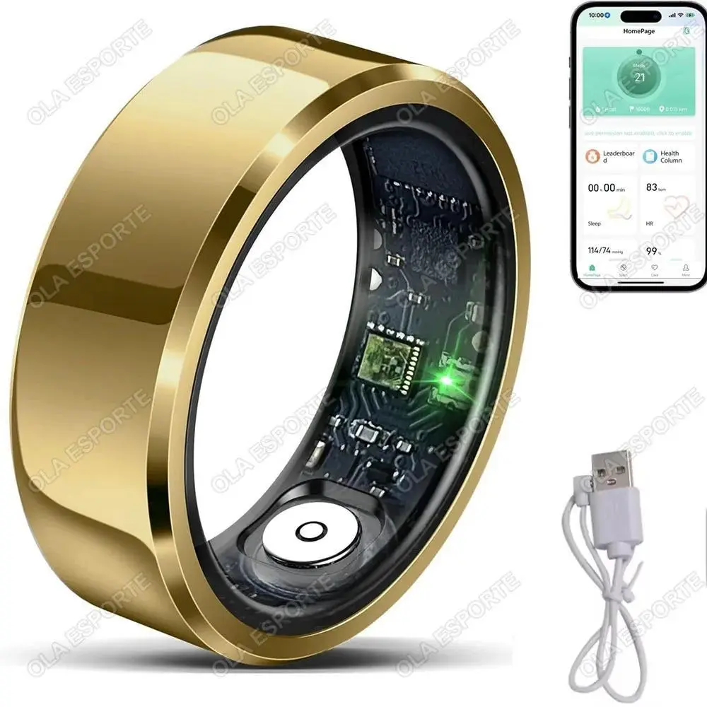 Compact Long-Lasting Wearable Smart Ring Tracker, IP68 Waterproof Fitness Device with Real-Time SpO2, Heart Rate, Sleep Stages Monitoring, Gold Box Included, Ip68 Rated