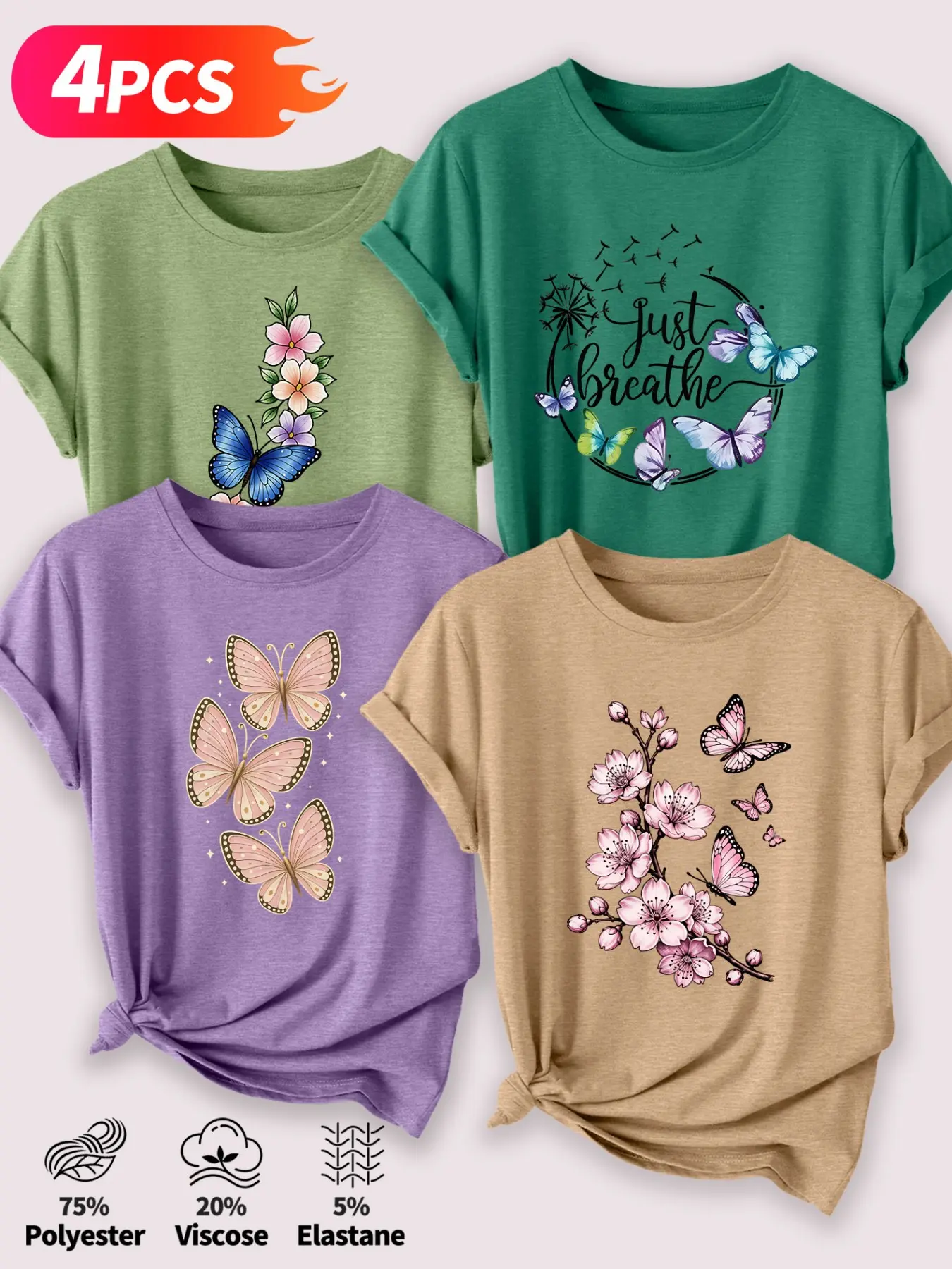 4Pcs Women Crew Neck T-Shirt, Cherry Blossom Dandelion Butterfly Fresh Botanical Print, Multi-color Washable Spring Summer Top, Soft Skin-friendly Fabric Daily Versatile Fashion Design, Casual Tee Tops