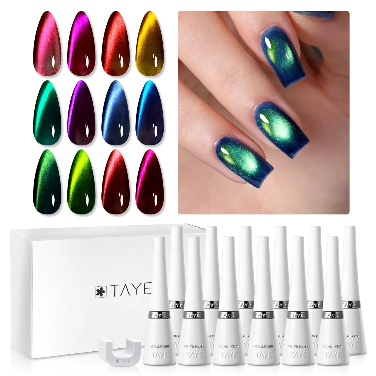 TAYE 12-Color Cat Eye Gel Nail Polish Set with Magnet, Magnetic Gem UV LED Soak-Off Kit TAYE 12-Color Cat Eye Gel Nail Polish Set with Magnet, Magnetic Gem UV LED Soak-Off Kit