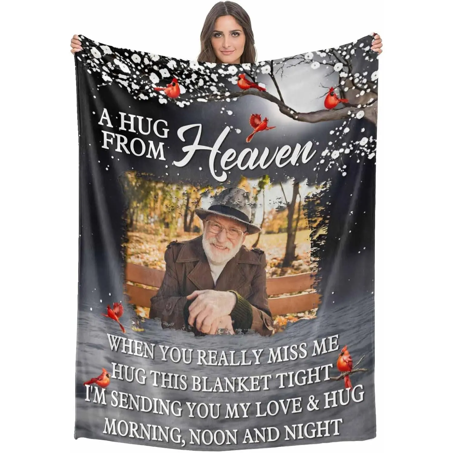 A Hug From Heaven Custom Photo Throw Blanket, Cardinal Bird Memorial Flannel Blanket, Soft Cozy Warm Throw, Personalized Remembrance Design, Sympathy Loss Gift, Sentimental Keepsake Couch Bedroom Decor # blankets