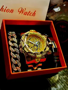 Men's Large Analog Quartz Watch, Big Dial Night Glow Design, Full Diamond Cuban Chain Gift Box, Hip Hop Trendy Wristwatch, Gift Set