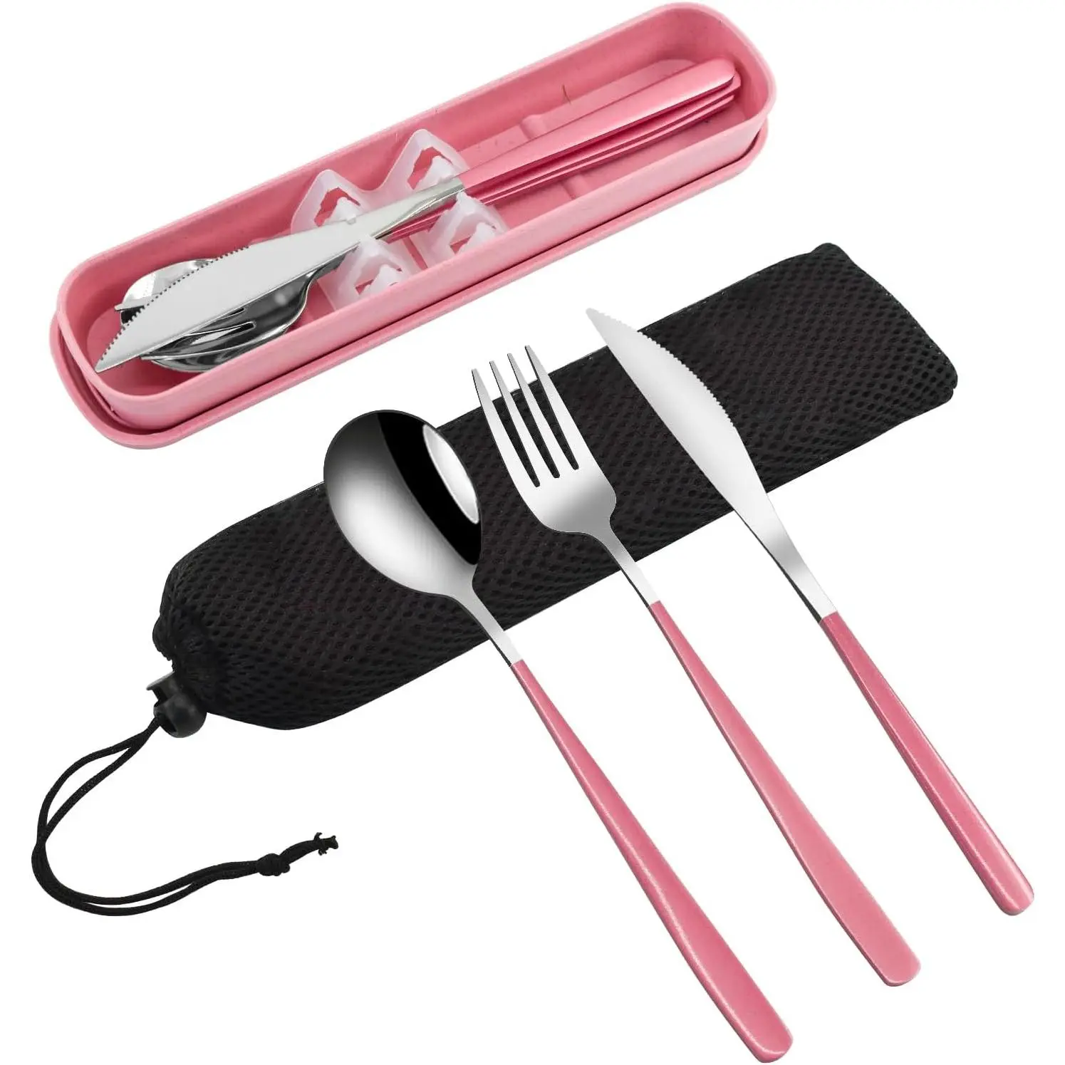 3- Portable Travel Utensils Set with Case 18/8 Stainless Steel Flatware Set  Cutlery Set with Fork Spoon  for Lunch Travel Camping School Work Picnic ()