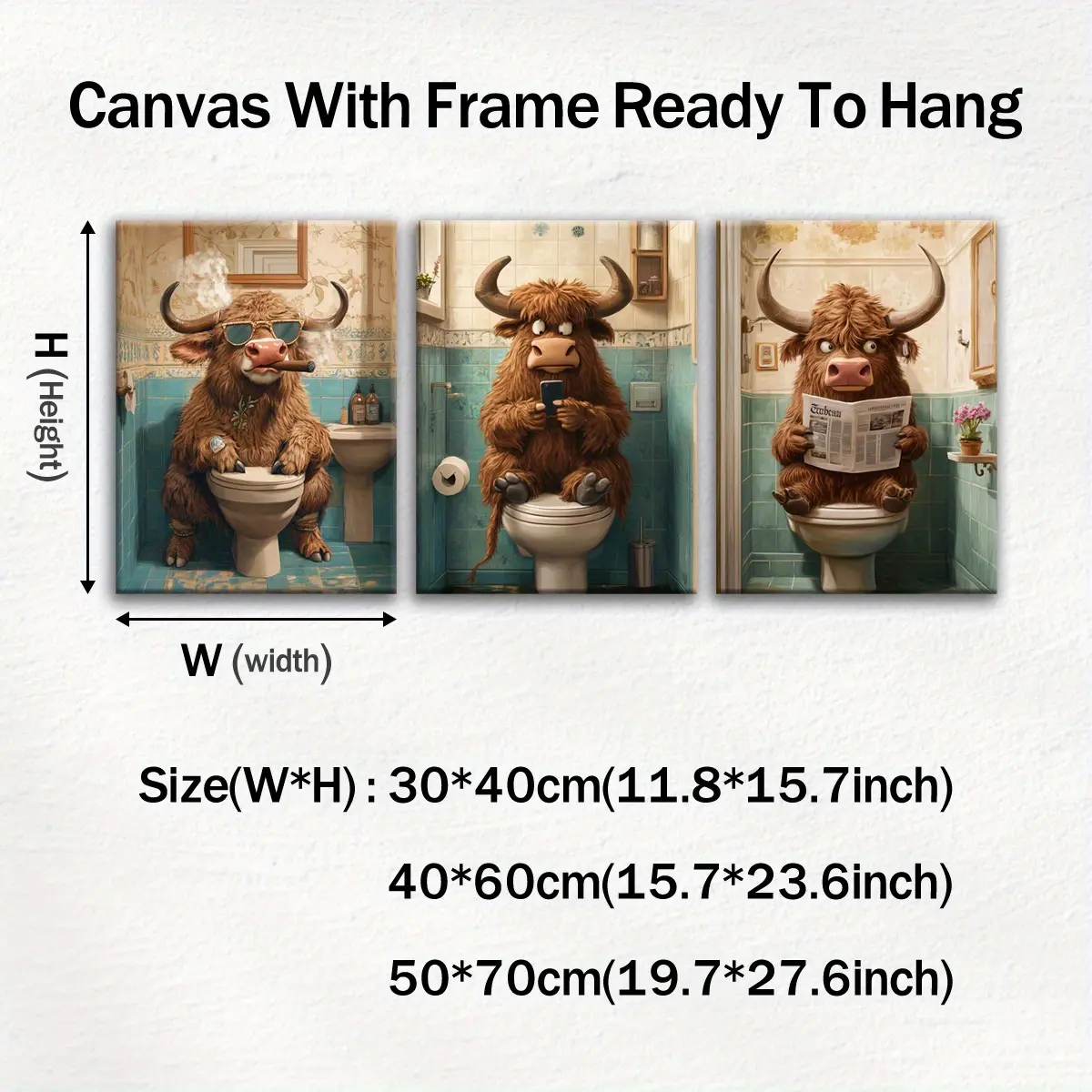 3 wooden framed canvases, Highland cow animal, cute style art decoration, picture frame painting, perfect gift, home wall art, suitable for living room and bedroom wall decoration, high-definition 8K, odorless and waterproof