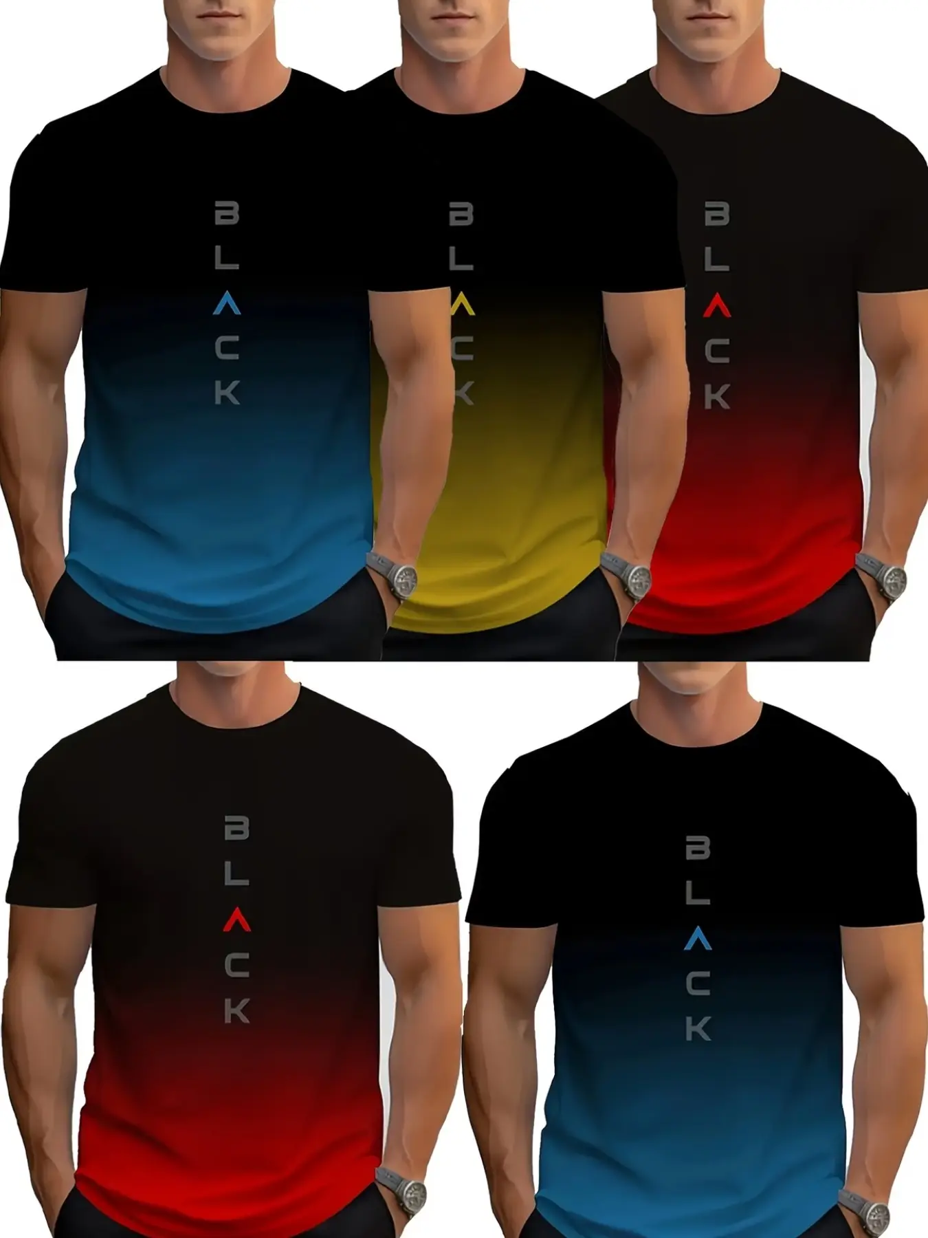 5-Pack Men's Letter Print Gradient Ombre Round Neck T-Shirt, Summer Casual Outdoor Wear, Slim-Fit Short Sleeve Top for All Seasons, Menswear, Classic, Streetwear