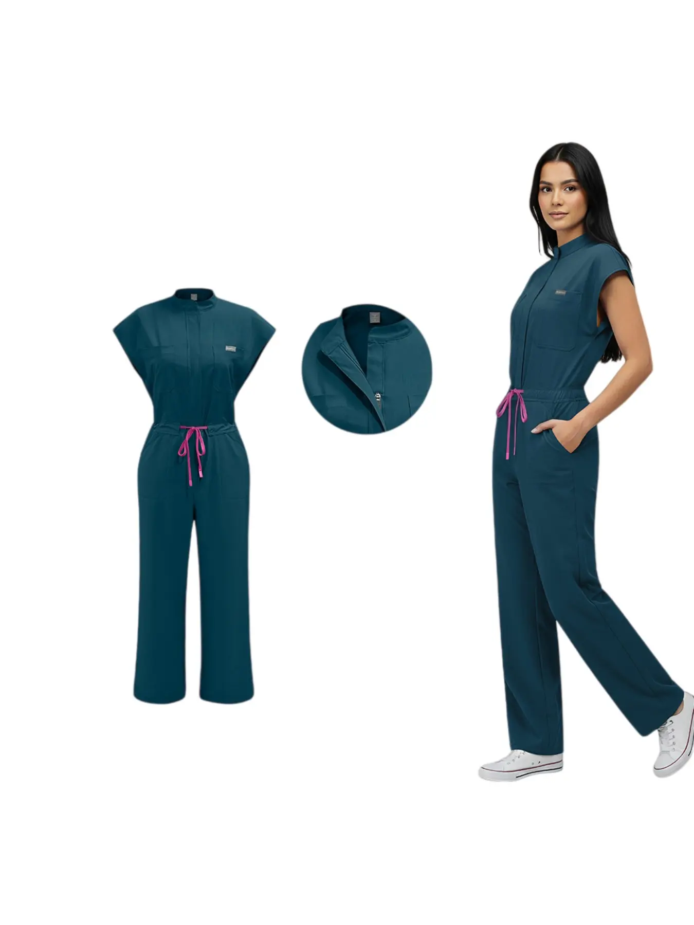 Ladies Basic Stand Collar Scrub Jumpsuit Drawstring Waist Slim Fit Durable Daily Work Uniform For Hospital Clinic Nurses