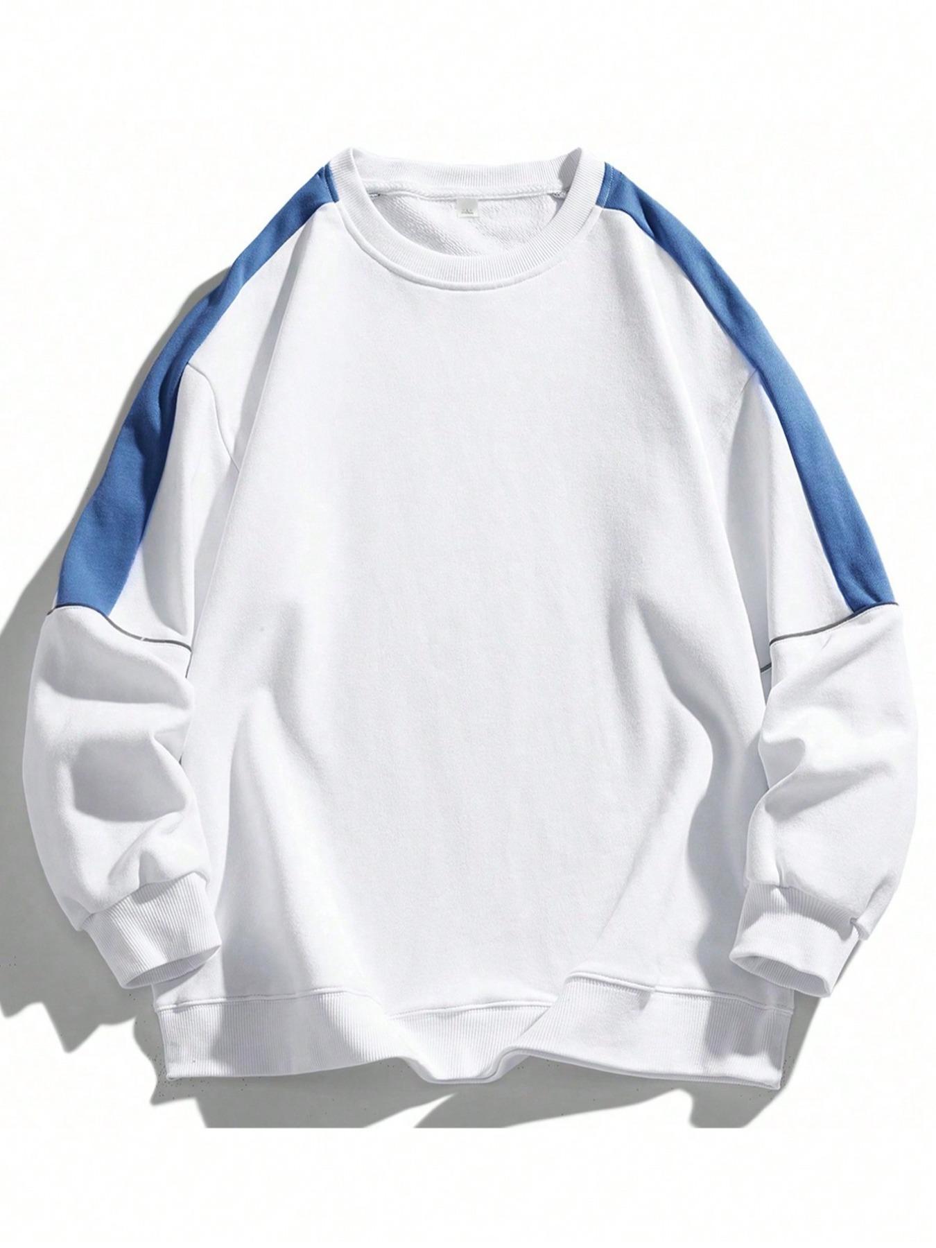 Men's Colorblock Contrast Binding Drop Shoulder Sweatshirt, Stretch Regular Fit Casual Bold Edgy Style Long Sleeve Round Neck Pullover for Spring & Fall, Fashion Men's Top for Daily Wear