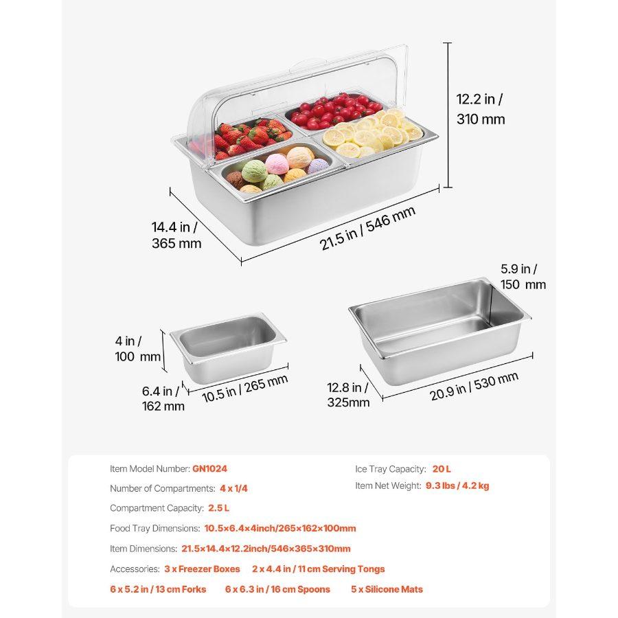 VEVOR Countertop Food Serving Display Container, 4 Pan Stainless Steel Food Serving Tray, Buffet Condiment Dispenser Display Rack with Clear Lid 3 Freezer Boxes, for Restaurant Hotel Kitchen Party