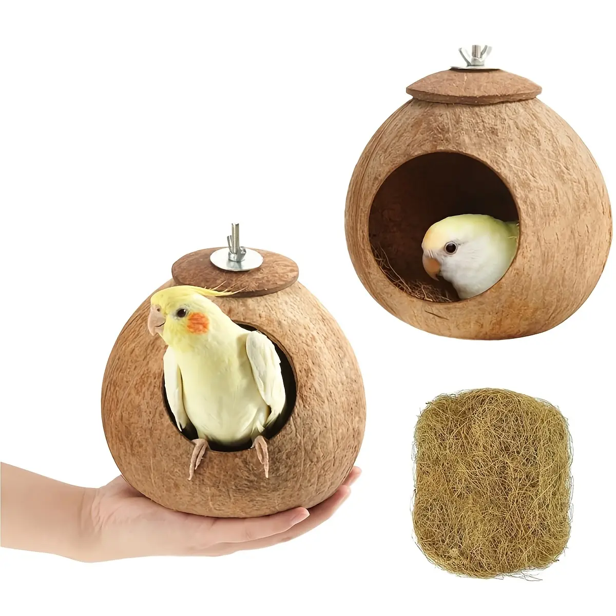 2 Natural Coconut Shell Cage Nests with Coconut Fibers, Parrot Accessories Top Loading Long-Tailed Parrot Breeding Aid, Bird & Hamster Pet Supplies, Tbd