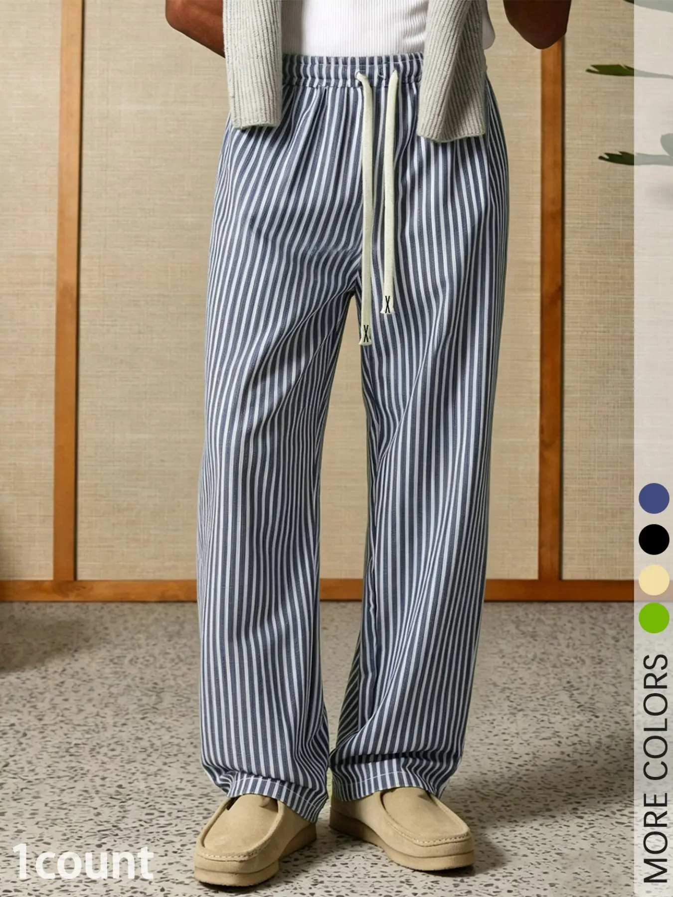 Men's Casual Striped Pants Breathable Cotton Linen Drawstring Elastic Waist Straight Leg Trousers For Men Lounge Work Outdoor