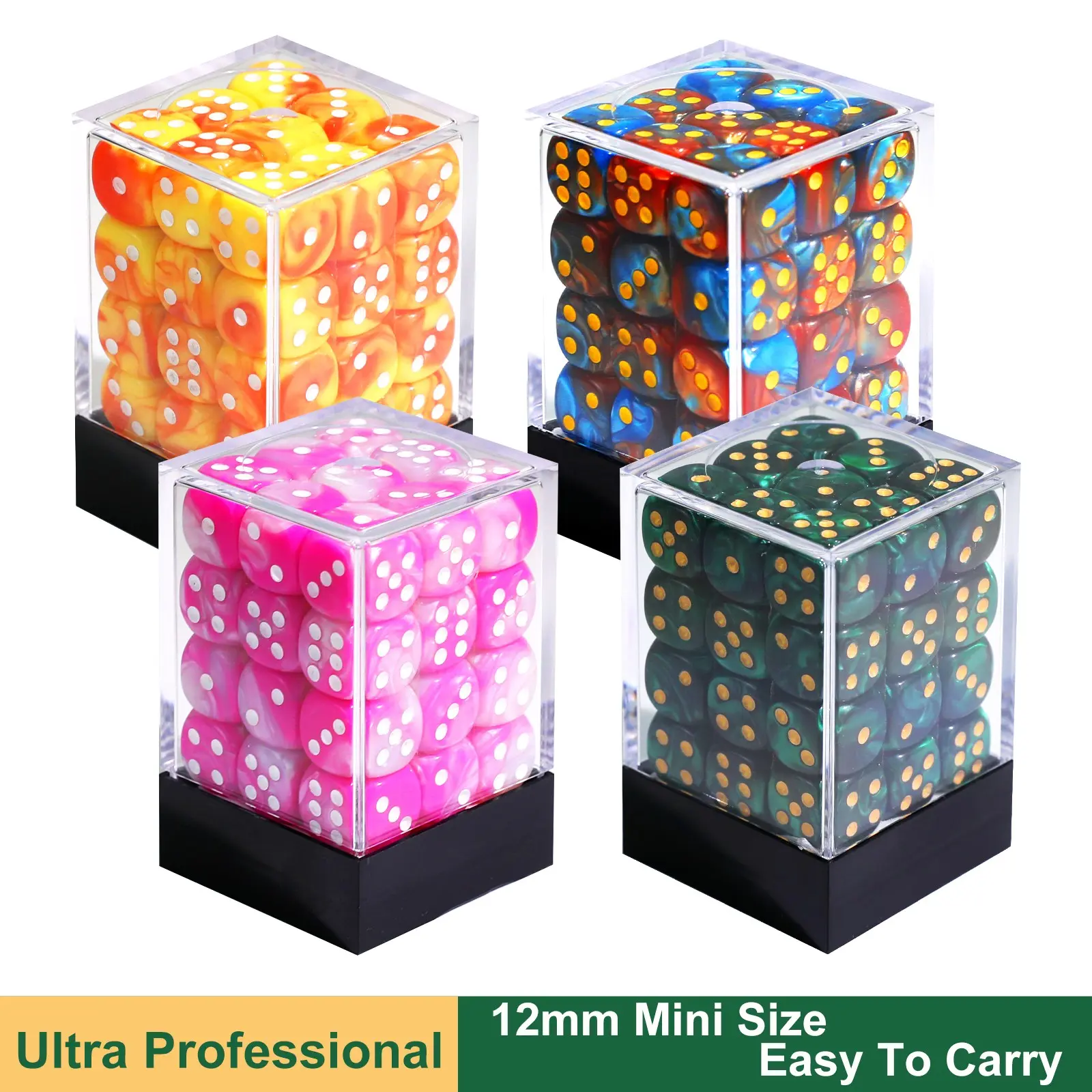 36PCS Dice Set 12mm 6 Sided Mini Dice Set for Table Games Marble Colors D6 Game Standard Dice with Portable Plastic Box for Magic The Gathering Dice ,DND Dices