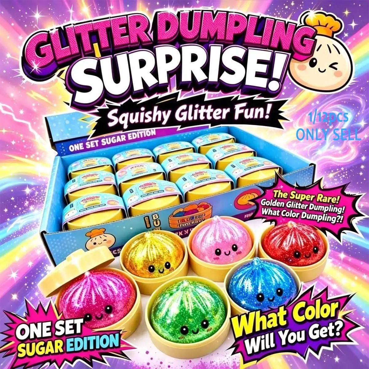 Glitter Dumpling Squishy, Ultra Rare Gold Glitter Hidden Edition, Soft TPR Dough Ball with Steamer, Sensory Stress Relief Toy, Squishy Set