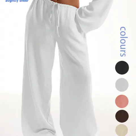 Women's Solid Casual Loose Pocket Woven Thin Sheer Pants, Casual Comfy Wide Leg Trousers for Beach Vacation Holiday, Ladies Bottoms for All Seasons, Baggy Legged Pants