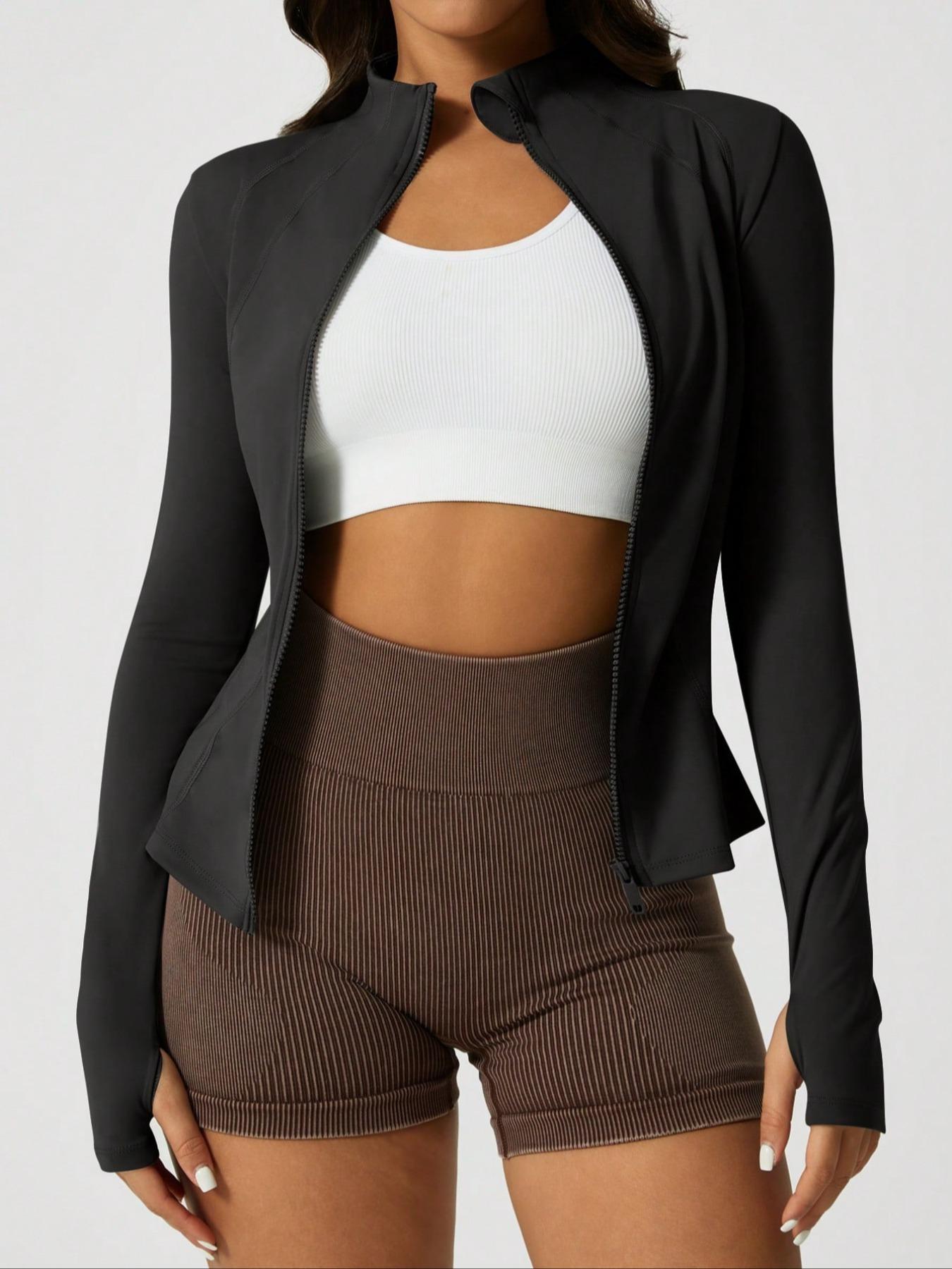 Women's Solid Zip Up Sports Jacket, Lightweight Sports Jacket, Sporty Thumb Hole Long Sleeve Outerwear for Gym Workout Running, Ladies Sportswear for All Seasons, Modern and Comfortable