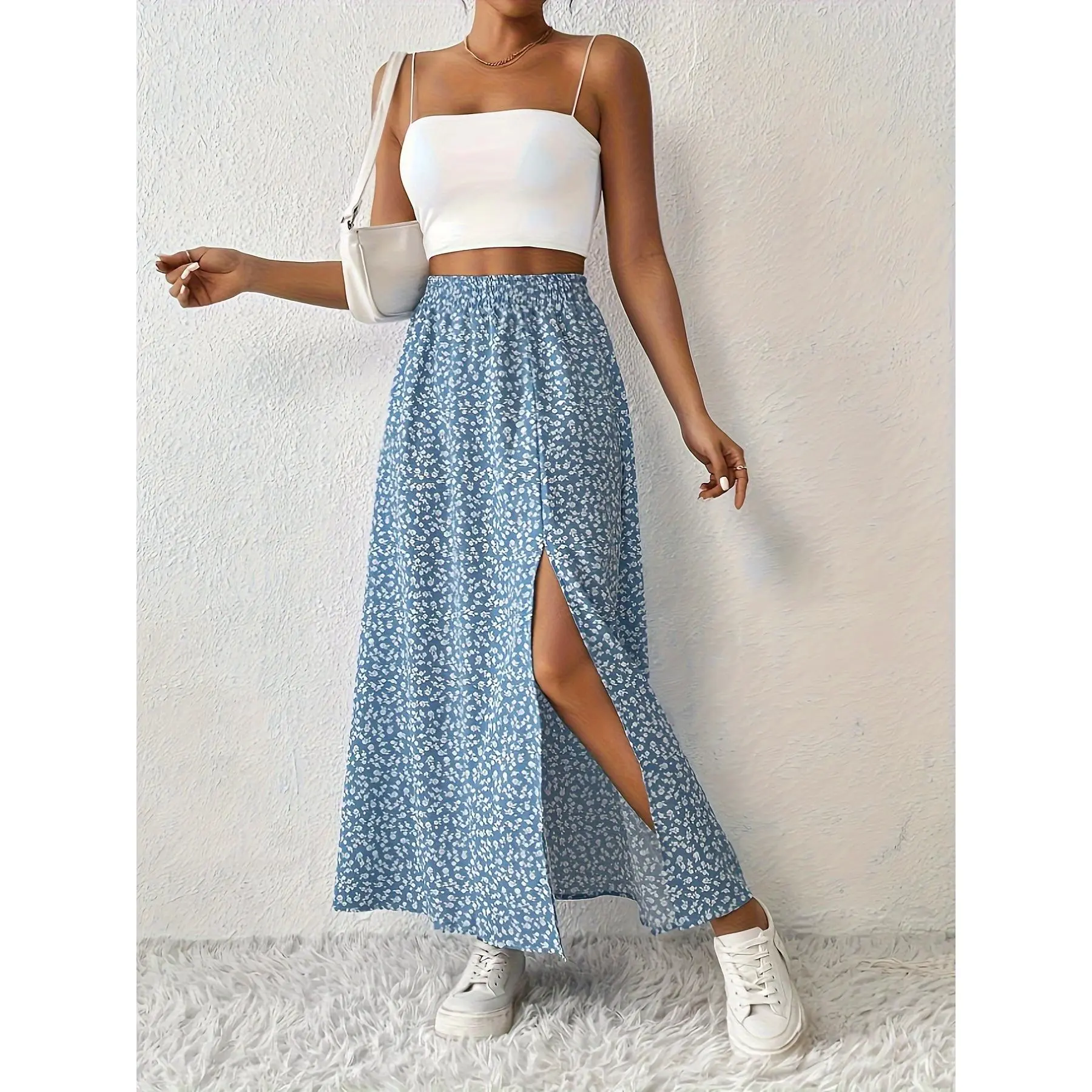 Casual Floral Printed Maxi Skirt for Women, High-Waisted A-Line Cut with a Side Split for Summer Vacation, Bohemian, Casual Wear, Split Hem, Multi-Size