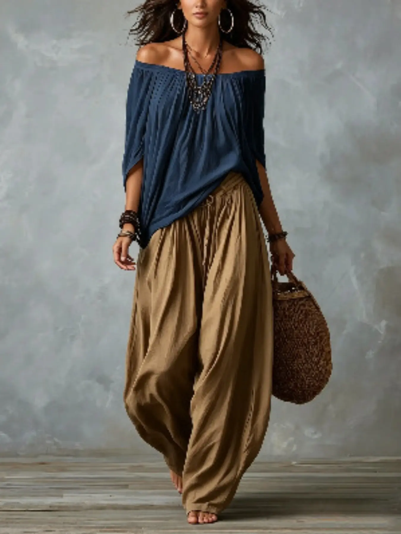 Long Loose Fit Off-Shoulder Top and Lantern Pants Set for Women, Stylish and Comfortable, Perfect for Casual Wear