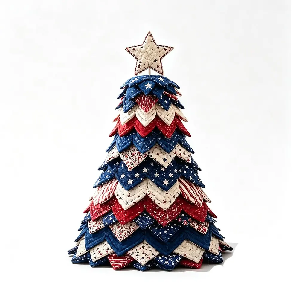 Americana Christmas Tree Quilt Kit,Christmas Patchwork Fabric DIY Kit (1PC) | Red,White,and Blue Stars & Stripes Patchwork Craft Kit for Adult Beginner,Gifts for Quilting Lover
