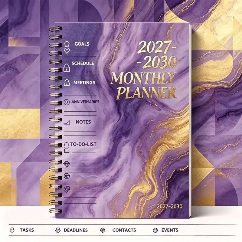 2027-2030 Monthly Planner/Schedule - January 2027 to December 2030, Four-Year Monthly Planner, Purple Marble Design with Gold Accents Cover Notebook, Yearly Calendar Planner, Monthly Tabs, 48 Months