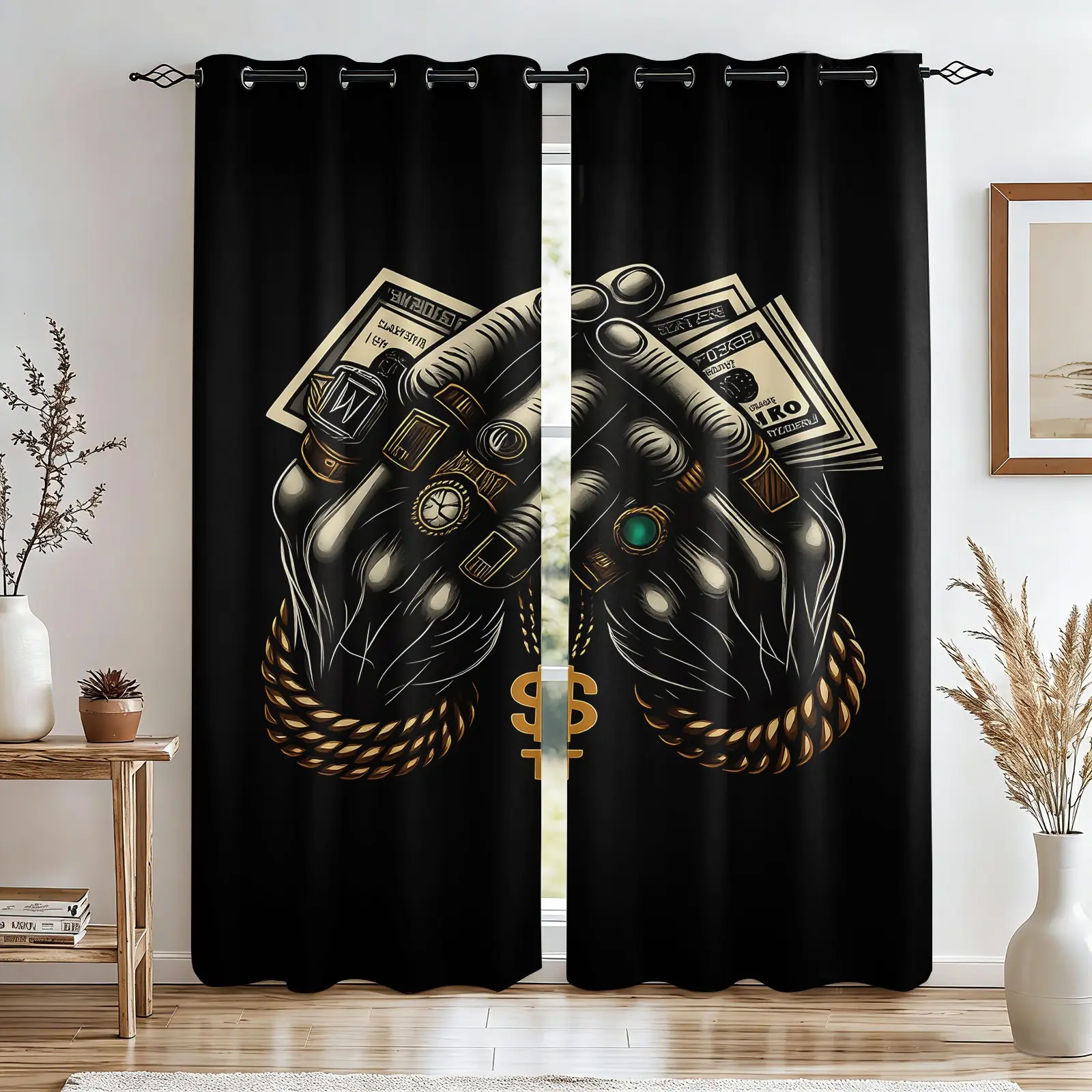 2 Panels Hustle Money Hand Print Curtains, Black Background Gold Chain Ring Dollar Pattern, Light Darkening Curtains for Men Bedroom, Urban Hip Hop Aesthetic Themed for Hustler Lovers Living Room & Man Cave