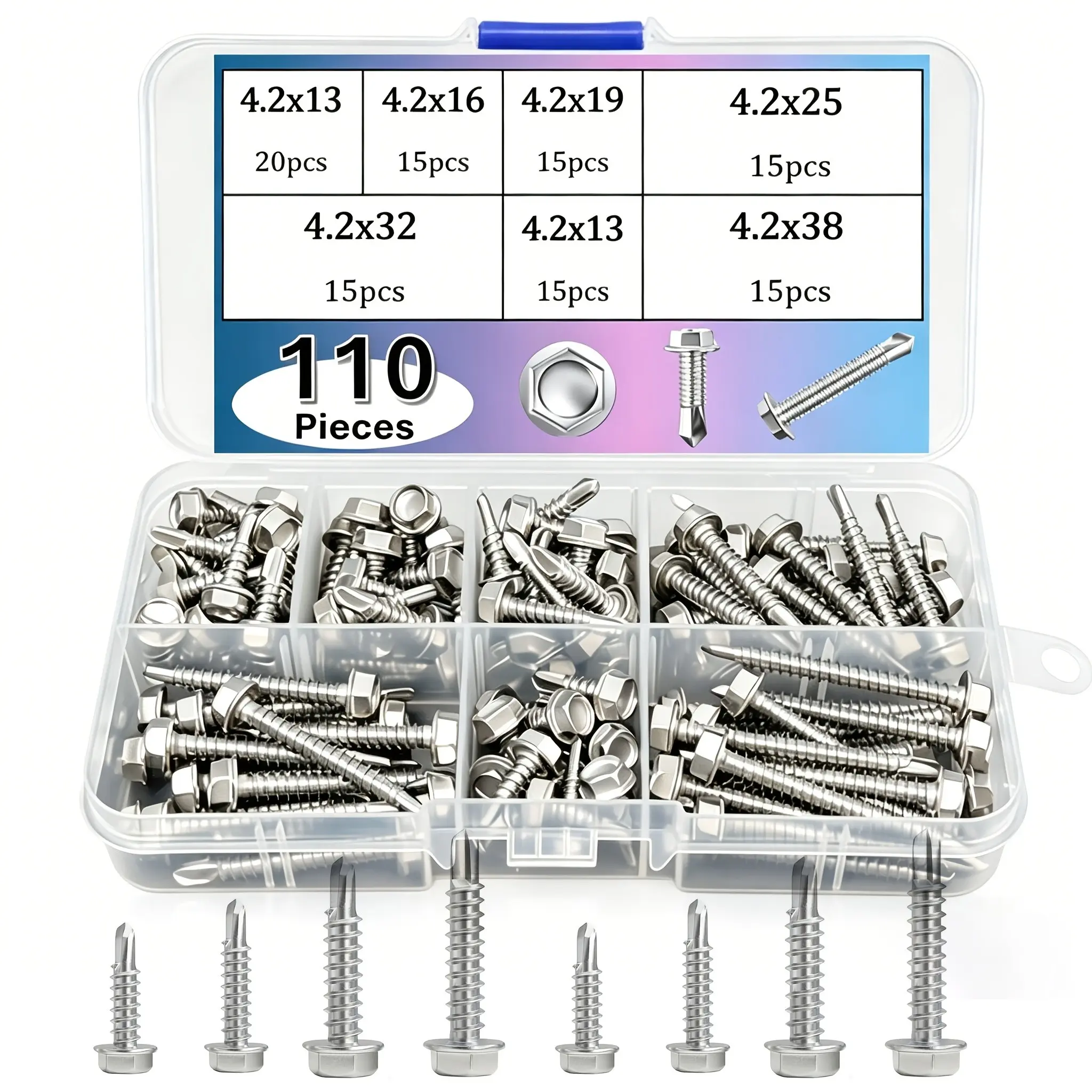 110pcs 410 Stainless Steel Self-Drilling Screws, #8 Hex Head Sheet Metal Fasteners, 13mm–38mm Assorted Lengths, Heavy-Duty Self-Tapping Screws for Metal Fixing, Industrial Maintenance & DIY Applications