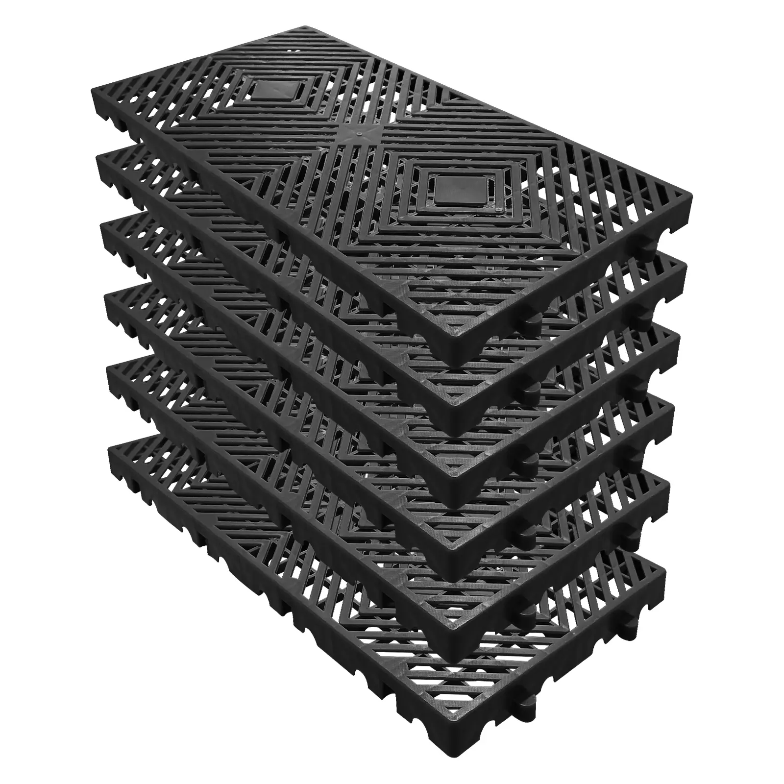 6-Pack Lightweight Black HDPE Plastic Storage Pallets for Garage, Pantry, Basement, 11.8x23.6x1.18 Inches, Ventilated Grid, Waterproof Floor Tiles Compatible with Wire Shelving