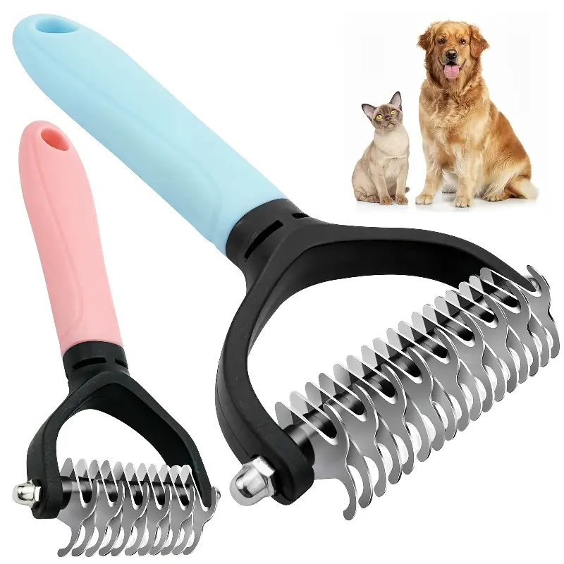 2Pcs Pink & Blue Pet Dematting Comb, Dual-sided Undercoat Rake Deshedding Tool for Cats & Dogs with Long Thick Fur. Round blunt teeth, skin-friendly. Non-slip handle, effectively removes tangles, mats and loose hair. Practical home pet grooming tool.