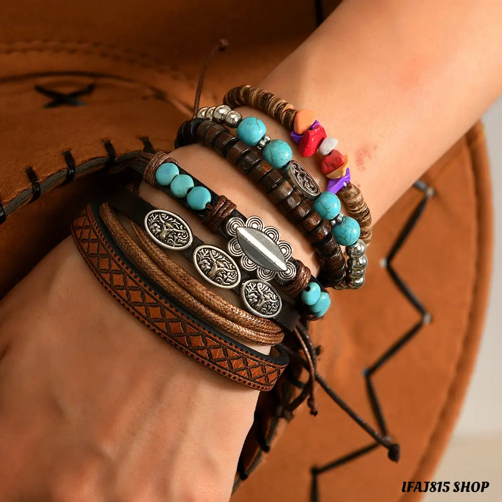 Unisex Boho Leather Wrap Bracelet - Adjustable Size, Multilayered Beaded Design with Turquoise Charm, Braided Weave Retro Jewelry for Beach Vacation, Unique Gift (Boho Vibe Everyday Style Accessory), Multilayered Look
