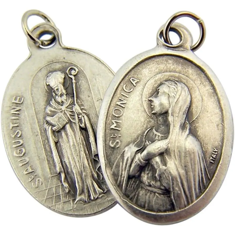 Toned Base Saint Monica with  Augustine Medal Pendant, 1 Inch