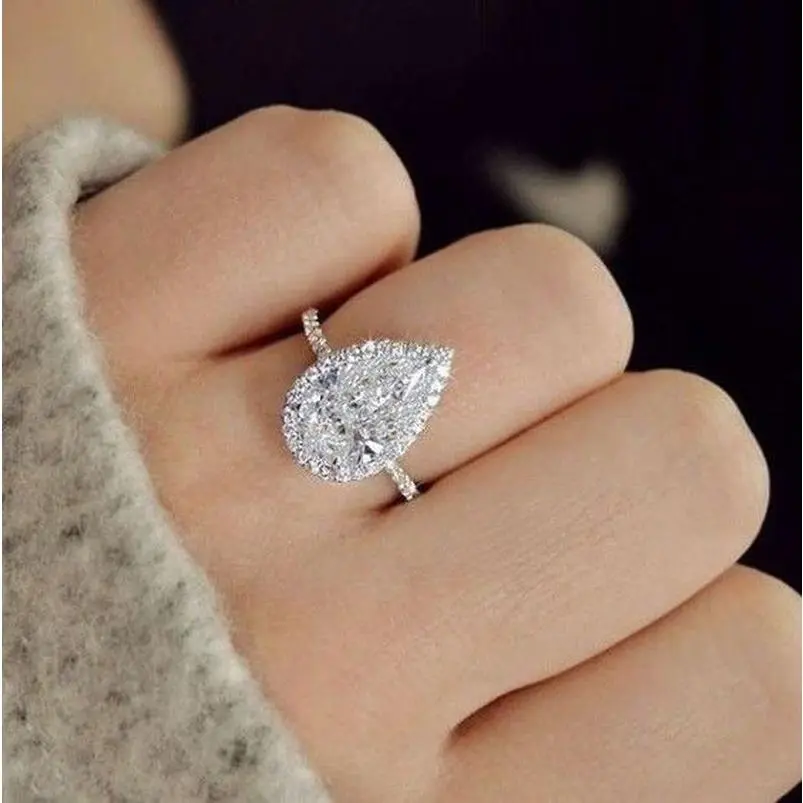 Women's Fashionable Artificial Gemstone Engagement Ring - Brass Base, Zircon Center, Water Drop Design, Shiny Finish, Elegant Look, US6-10 Sizes, Wedding Ceremony Accessory, Gift for Her, All Seasons Jewelry, Sizes Us6-10