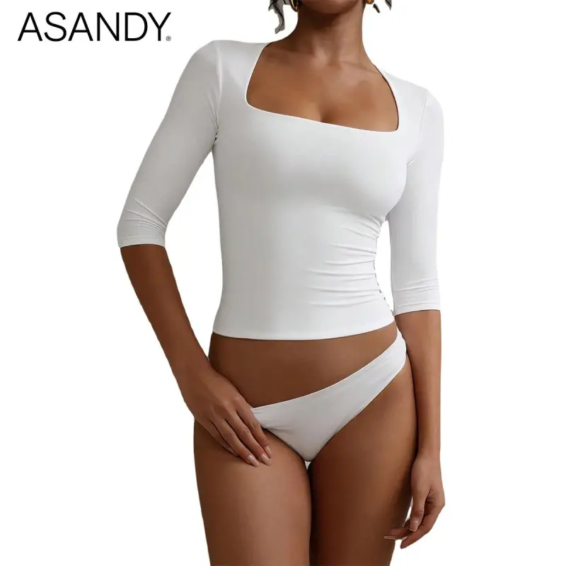 ASANDY Women's Square Neck Casual Comfy Tee, 3/4 Length Sleeve Top with Slim Fit, Double Layer 4-Way Stretch for Daily Layering & Workout